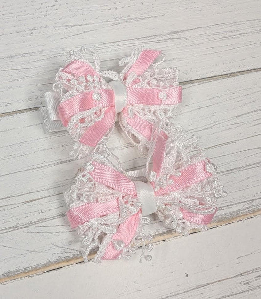 Pink Princess Lace Baby Pinwheel Hair Bow Clips