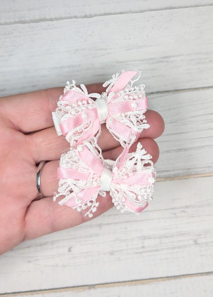 Pink Princess Lace Baby Pinwheel Hair Bow Clips