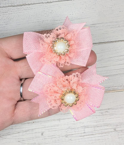 Pink Pearl Shimmering Baby Pinwheel Hair Bow Clips