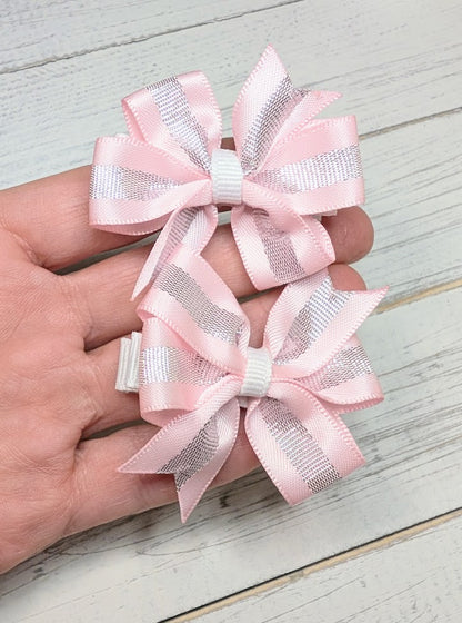 Pink and Silver Baby Pinwheel Hair Bows