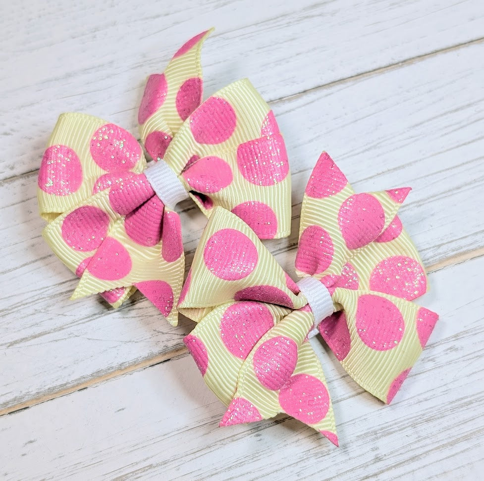 Pink and Yellow Glittery Polka Dot Pinwheel Pigtail Hair Bows