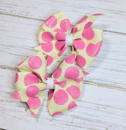 Pink and Yellow Glittery Polka Dot Pinwheel Pigtail Hair Bows