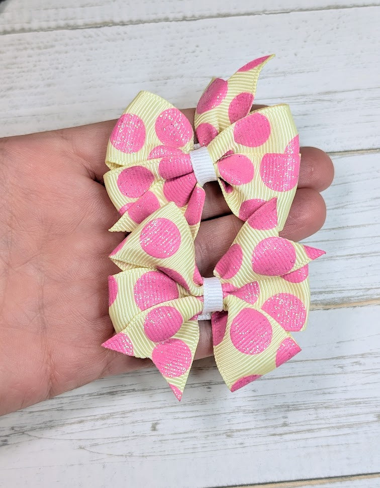 Pink and Yellow Glittery Polka Dot Pinwheel Pigtail Hair Bows