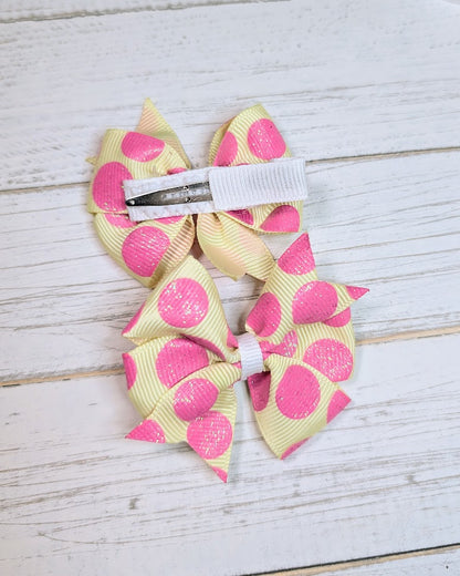 Pink and Yellow Glittery Polka Dot Pinwheel Pigtail Hair Bows